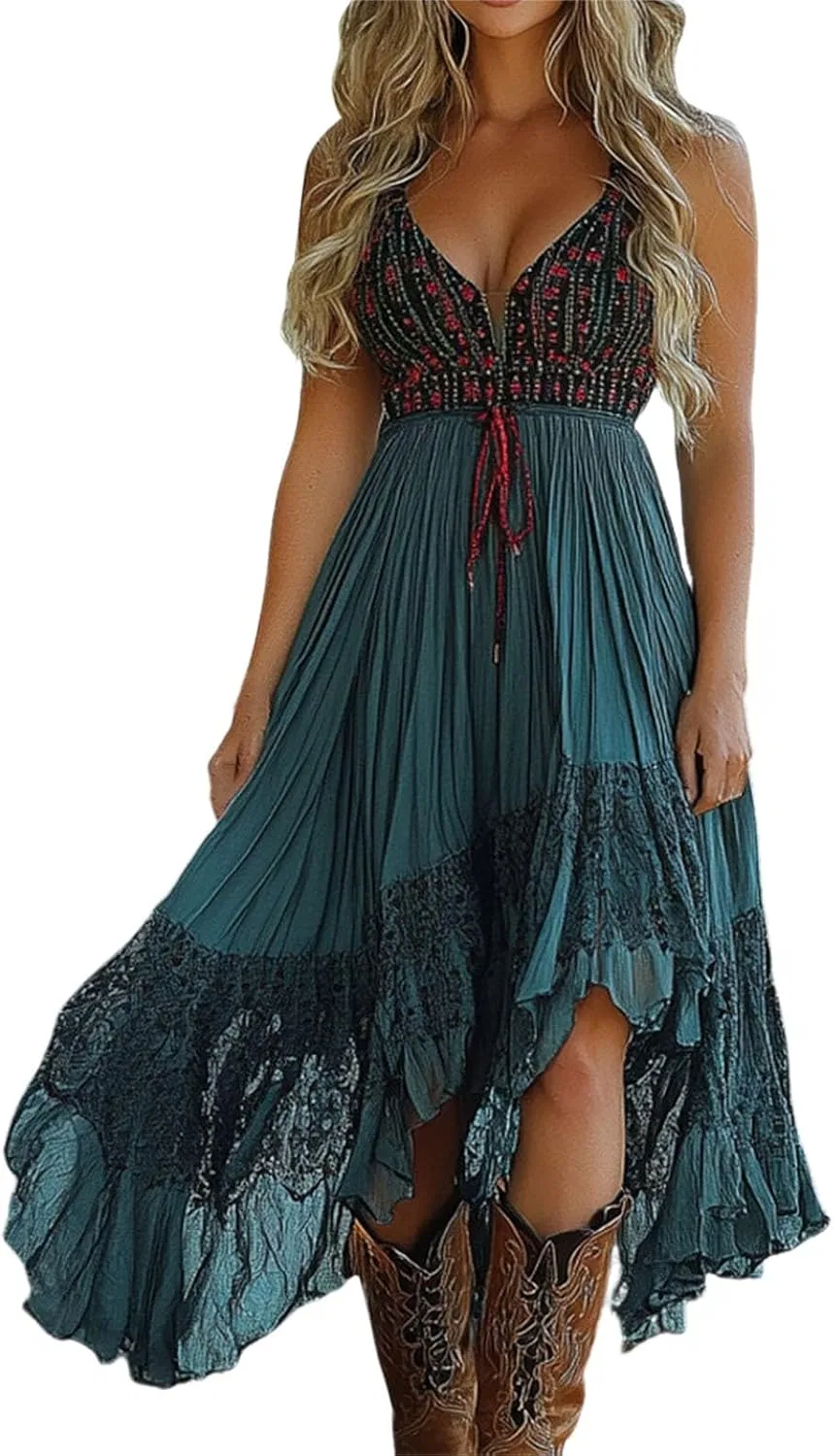 Женское мини-платье с глубоким V-образным вырезом Boho Western, Green