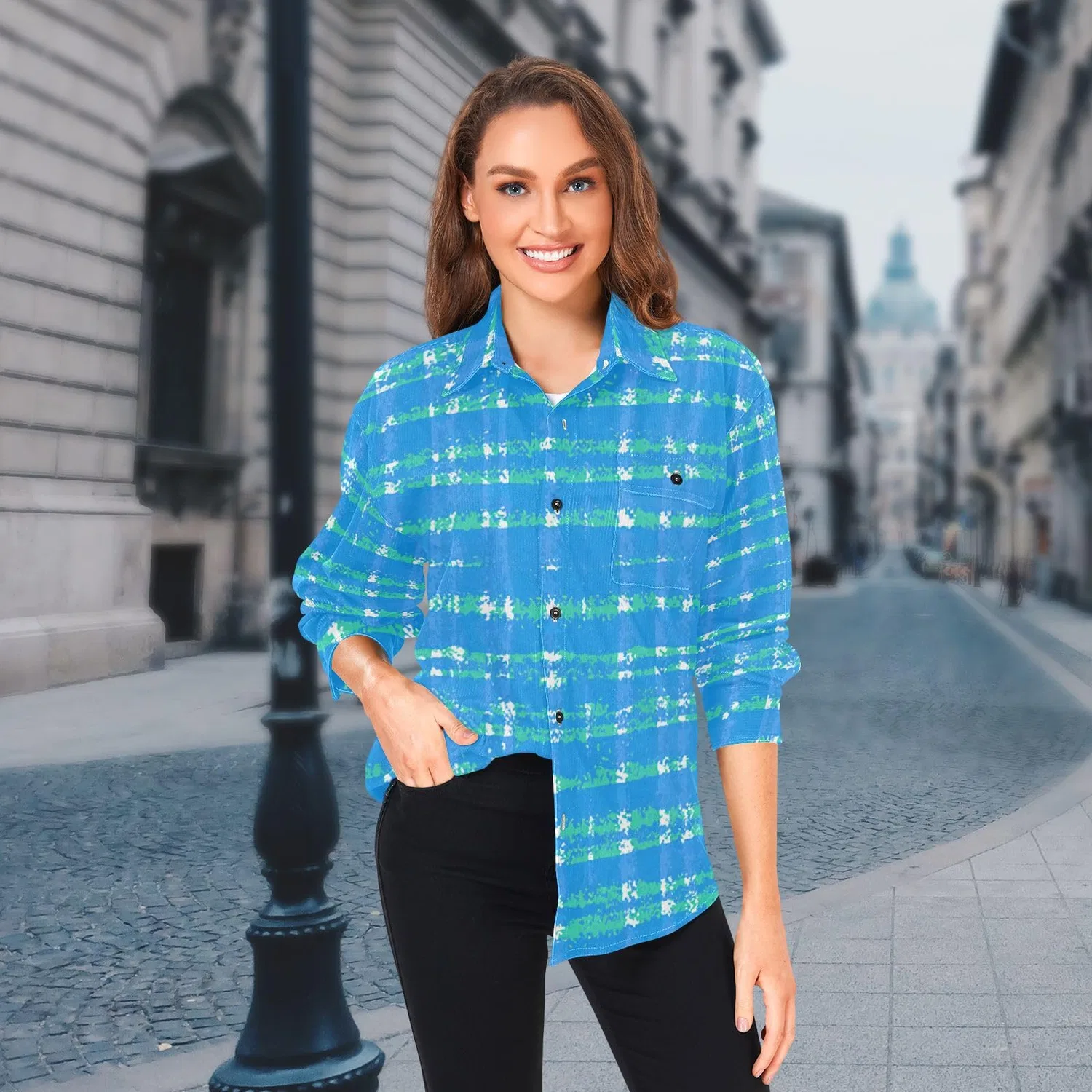 Женская рубашка-куртка с принтом Cool Ocean Plaid, Cool Ocean Plaid Blu — фото 3