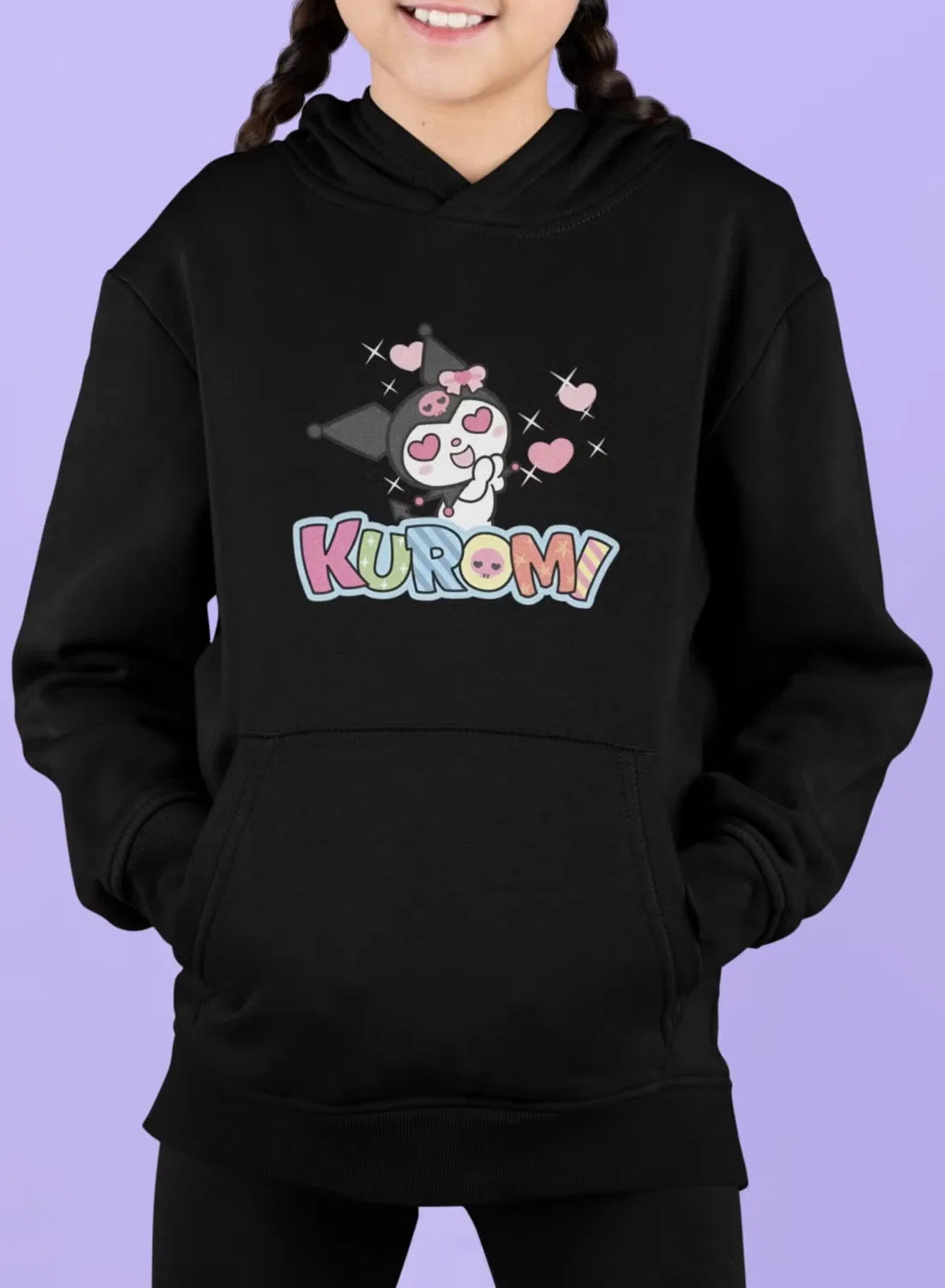 Худи детское с принтом Kuromi love Zoom, черный