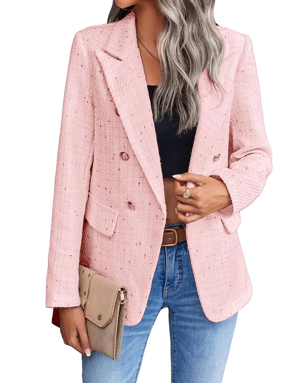 Женское твидовое пальто с принтом в клетку, 1-tweed / pink