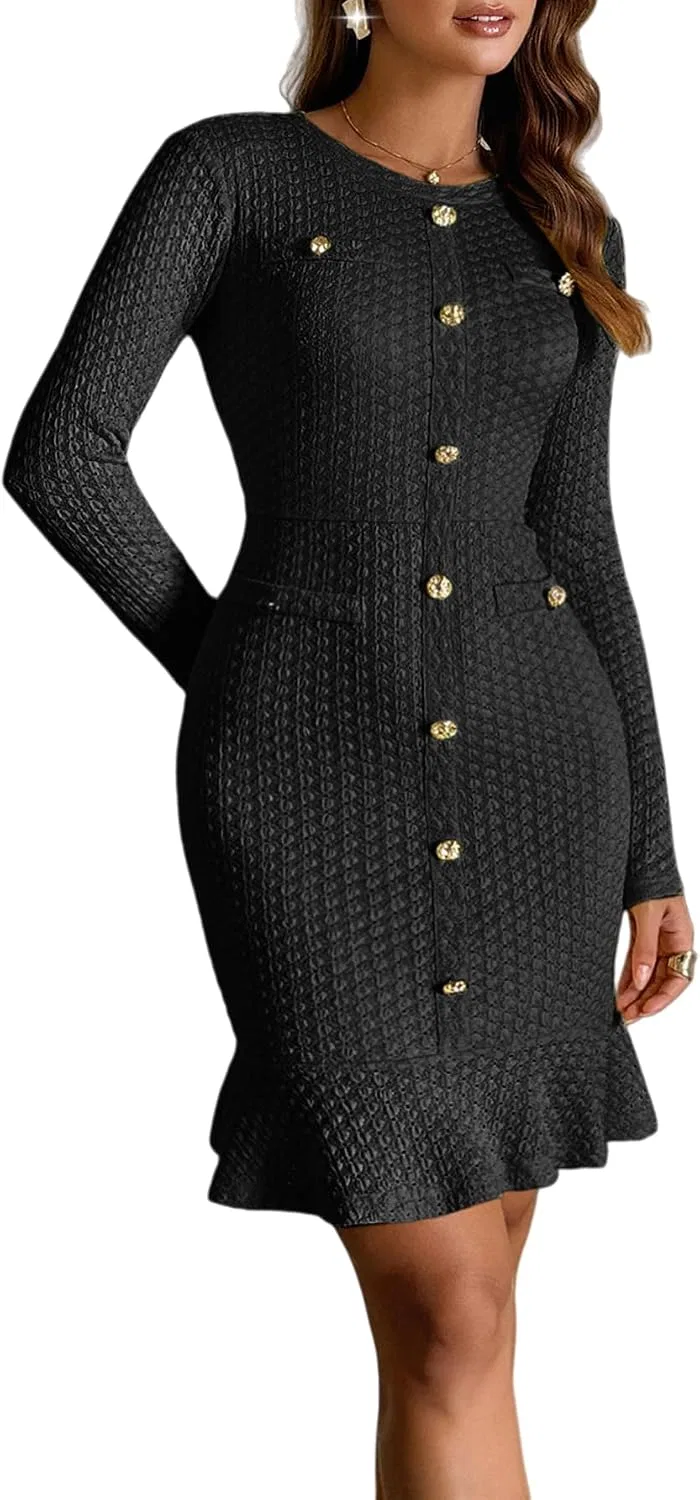 Женское облегающее мини-платье с длинным рукавом и пуговицами Ruffle, Black