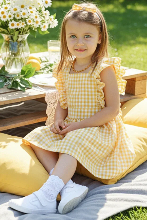 Детское платье для девочек в клетку с воланами violetta yellow gingham ruffled tie detailed dress bandana suit Parla Kids, Yellow
