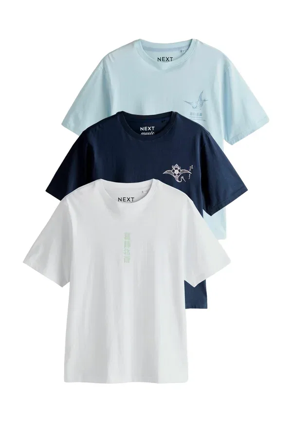 Футболки с принтом 3 штуки, Regular fit, Artist T-shirt, Next, Navy, White, белый/темно-синий