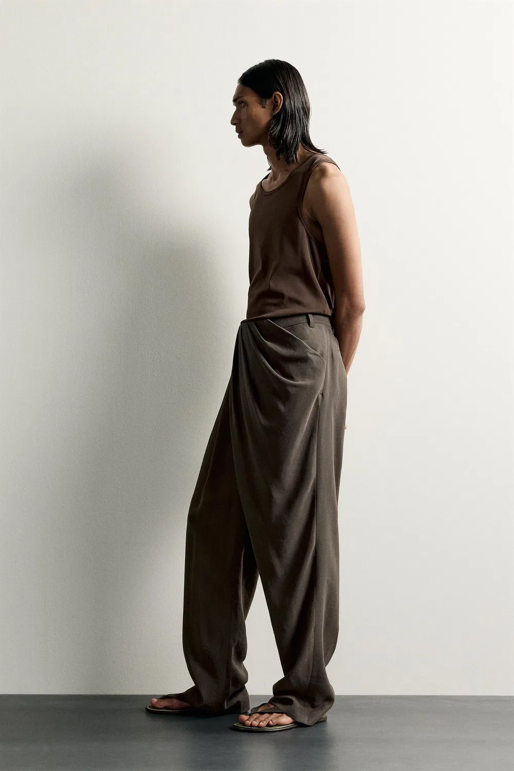 Свободная серия струящихся драпированных брюк ZARA, Sand/Marl — фото 4