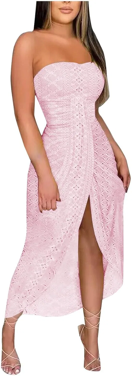 Женское летнее платье-миди без бретелек с разрезом Eyelet, Pink