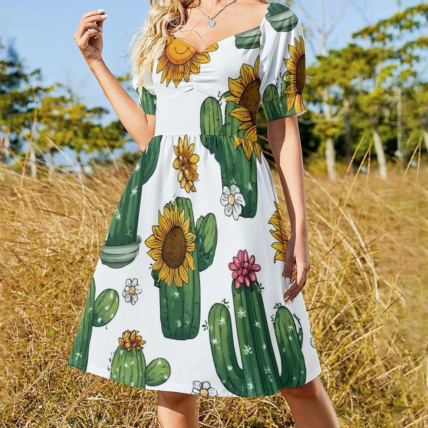 Женское летнее платье A-силуэта с пышными рукавами Cactus Sunflower, Style — фото 4