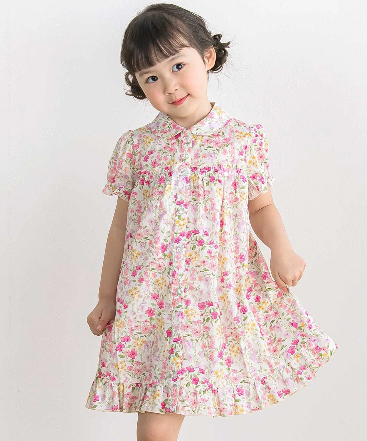 Детское платье для девочек с принтом, полурукав, модель Flower Print BeBe Petits Pois Vert, Pink