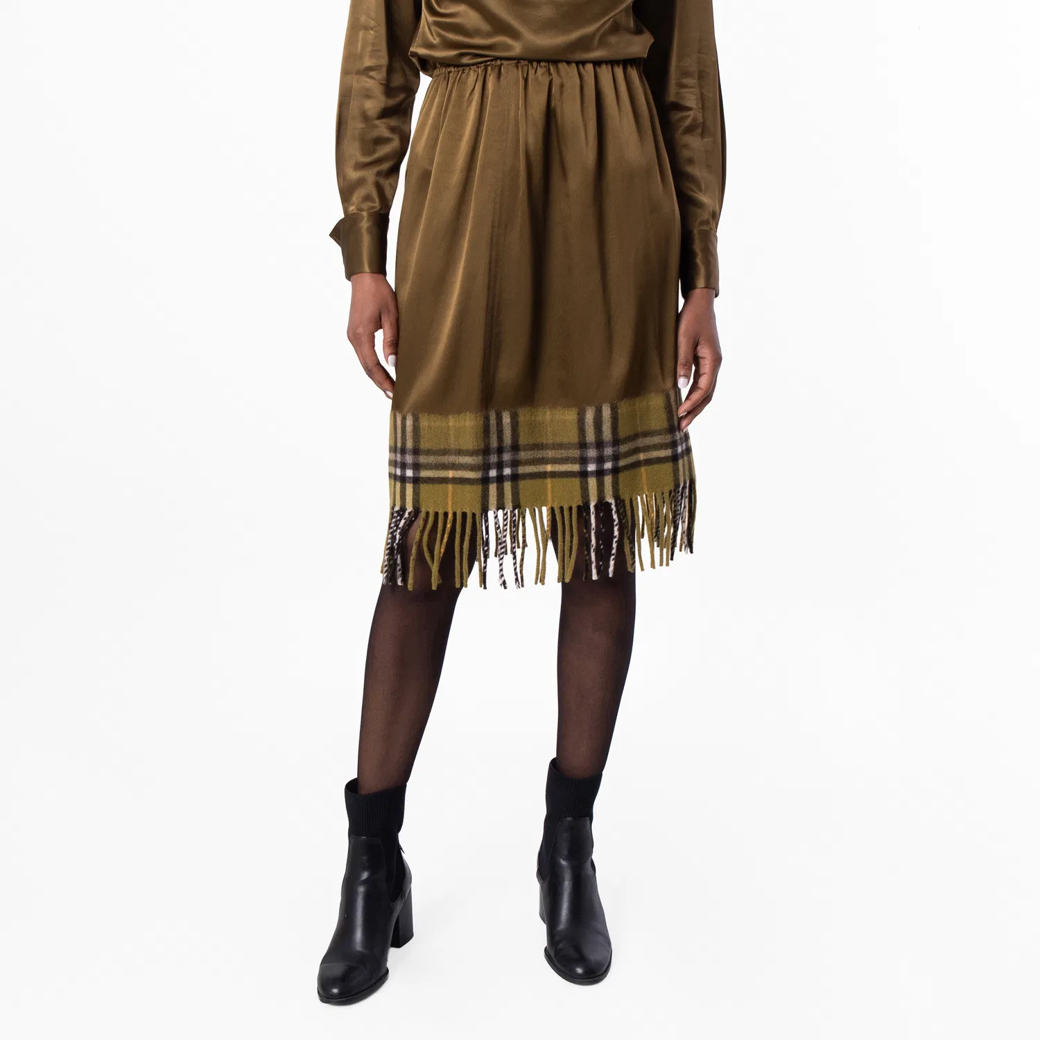 Юбка из сатина с принтом Satin and Check Scarf Skirt Burberry, Camp