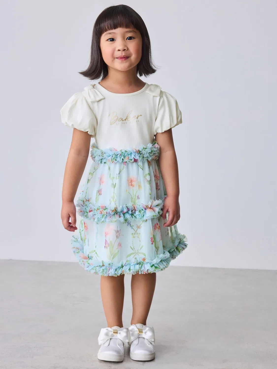 Платье с воланами и сеткой, модель Floral Ruffle Mesh Baker by Ted Baker, голубой