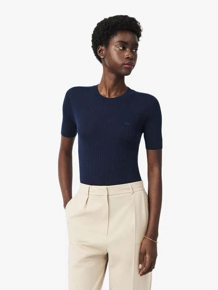 Свитер женский LACOSTE Navy с ребристой вязкой