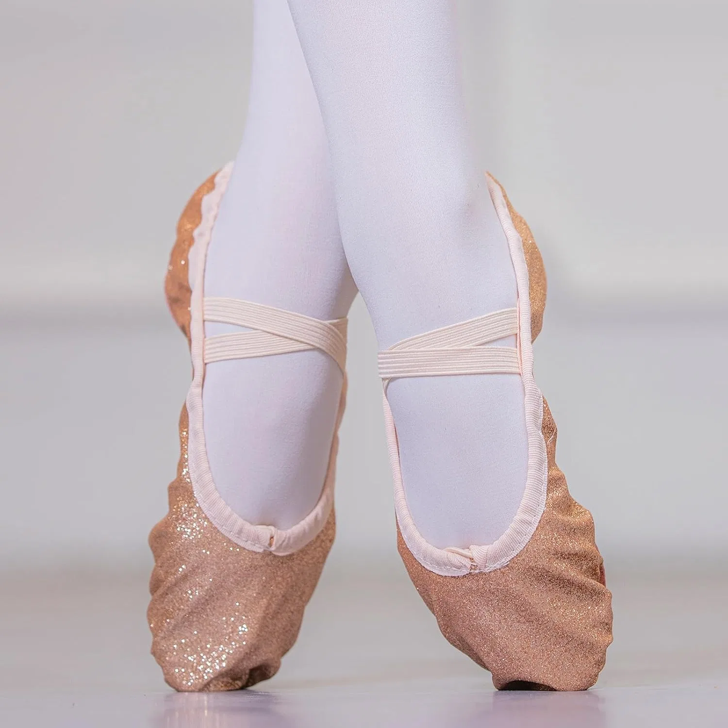 Детские балетки для девочек с блестками и принтом, модель Girls Ballet Shoes Glitter Split-Sole Dance Slippers, Rose Gold — фото 3