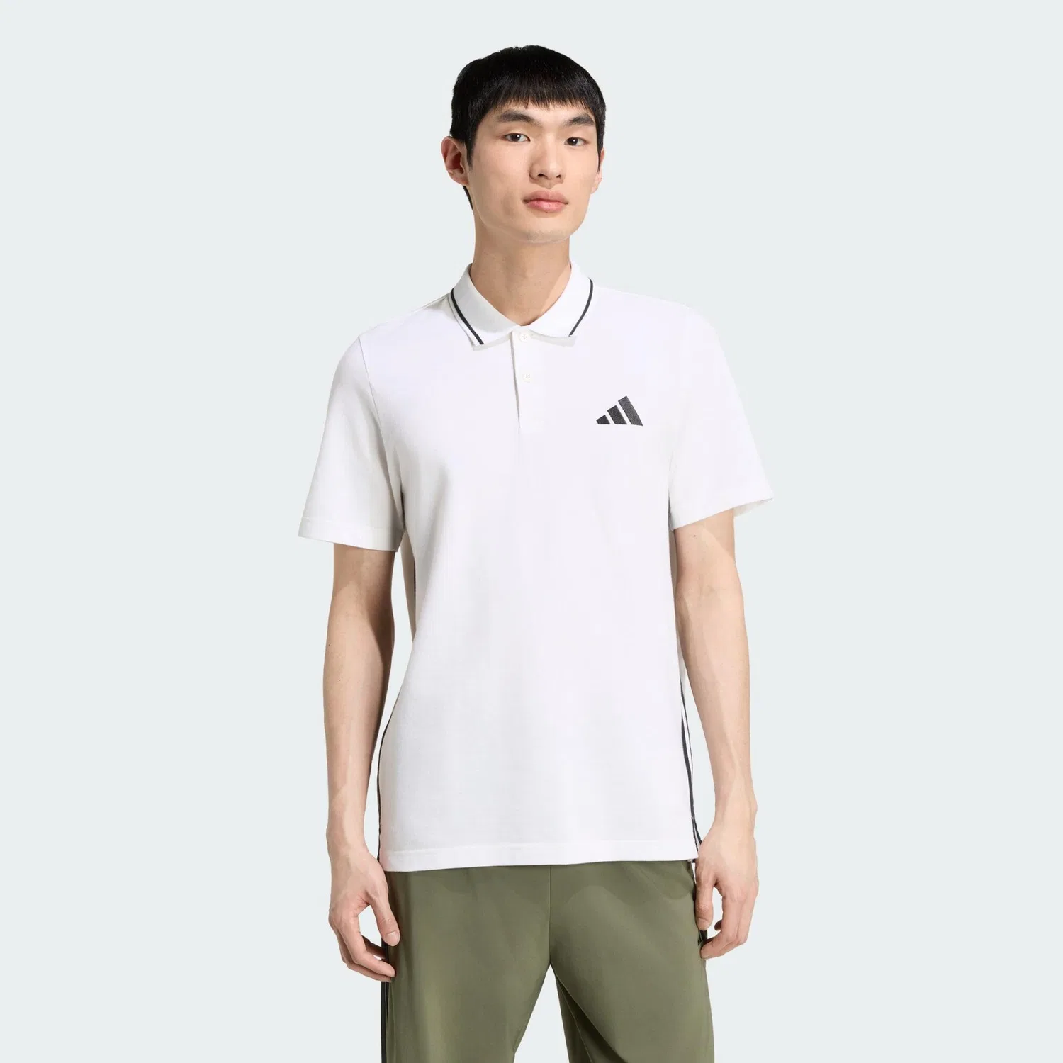 Мужское поло с воротником и планкой Essentials 3-Streifen Pikee-Poloshirt Adidas, Weiss Schwarz — фото 2