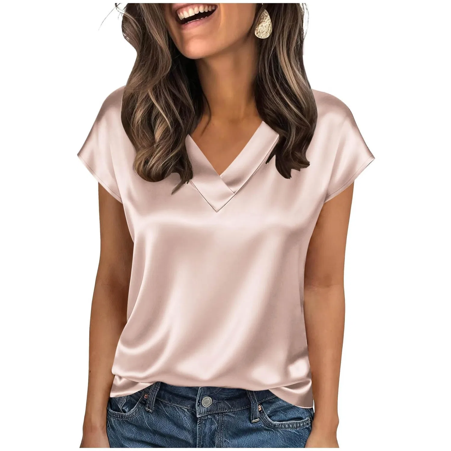 Женская блузка с коротким рукавом из шелкового сатина, Pink Satin Blouses for Women