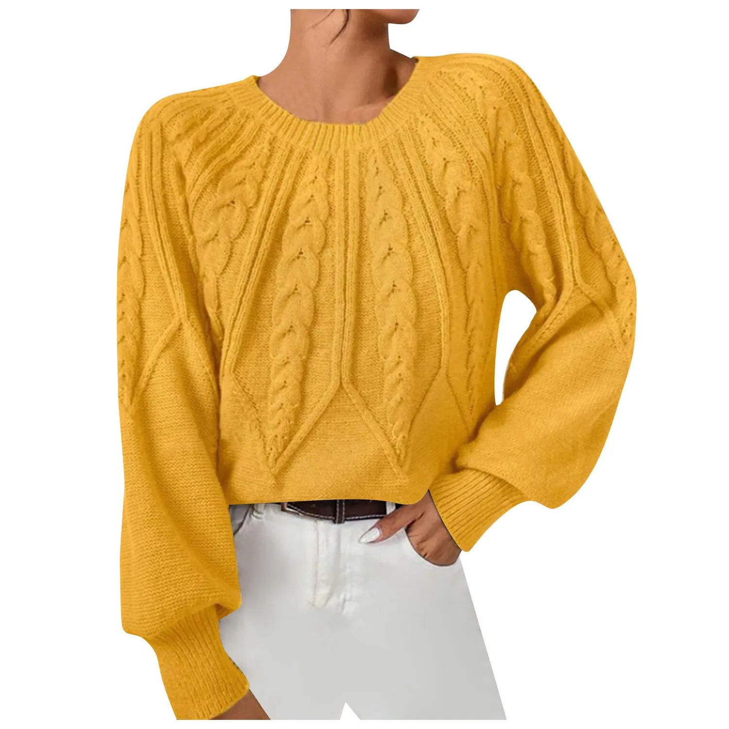 Женский однотонный свитер с круглым вырезом Mustard Yellow, Yellow