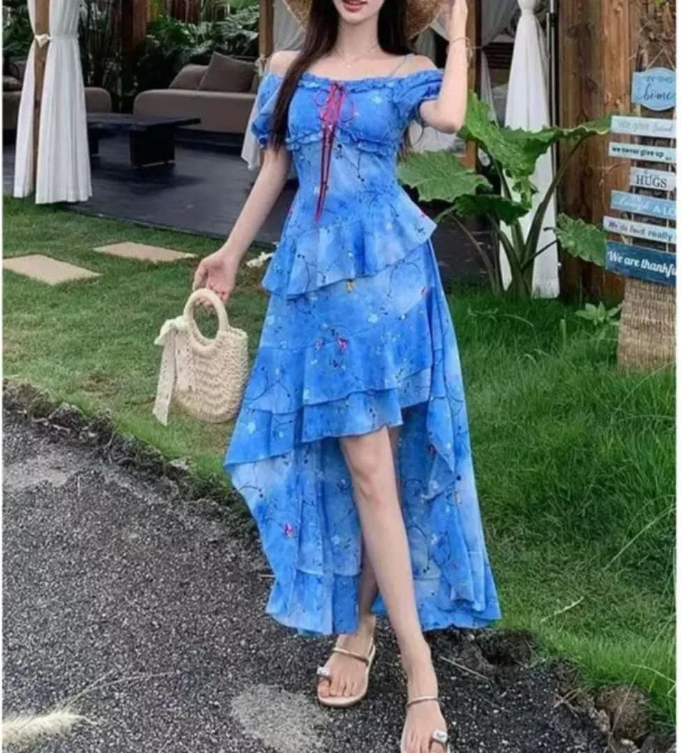Женское летнее платье макси с асимметричным подолом, Blue — фото 2