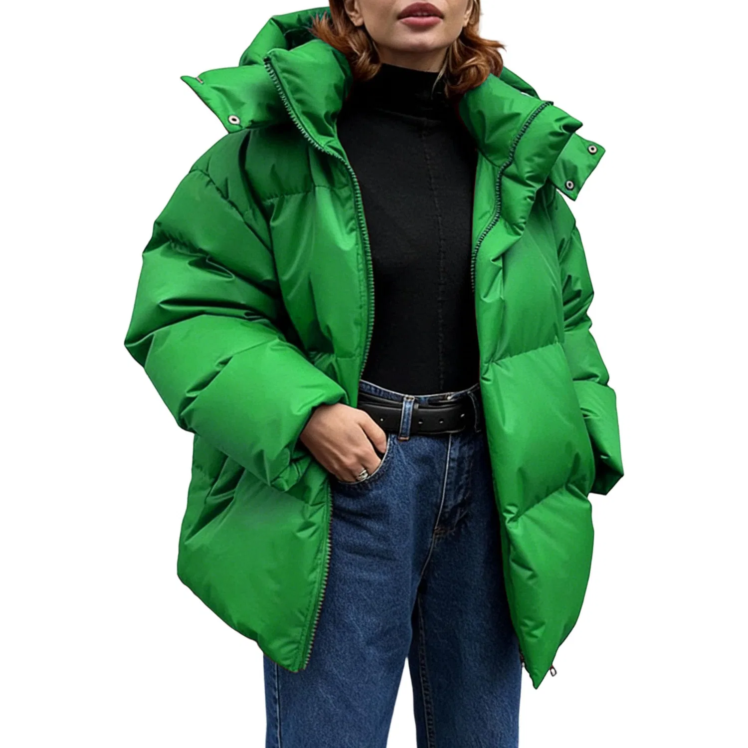 Женское стеганое пальто с капюшоном, Verde