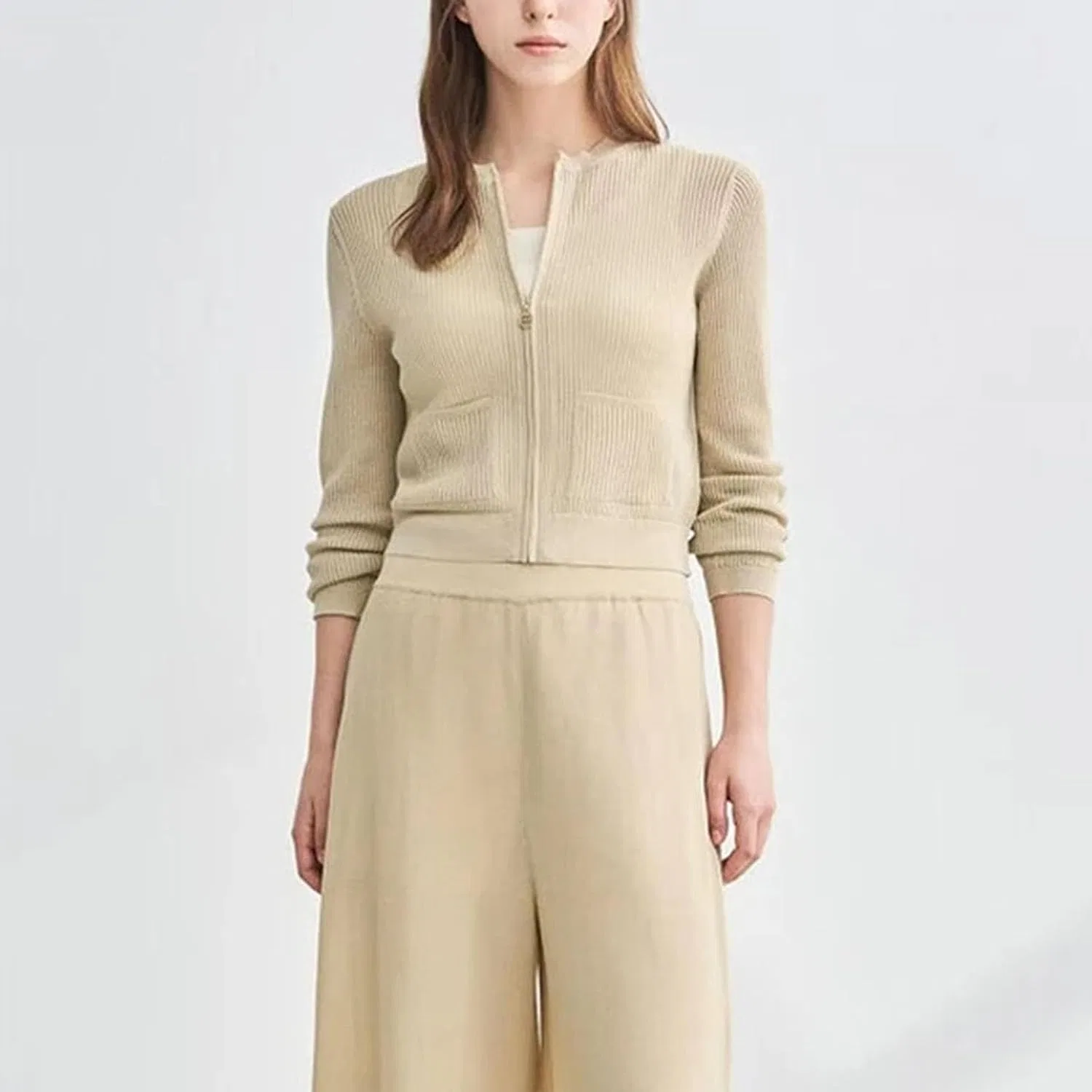 Женский кардиган на молнии с воротником-стойкой, Slim Fit, бежевый — фото 2