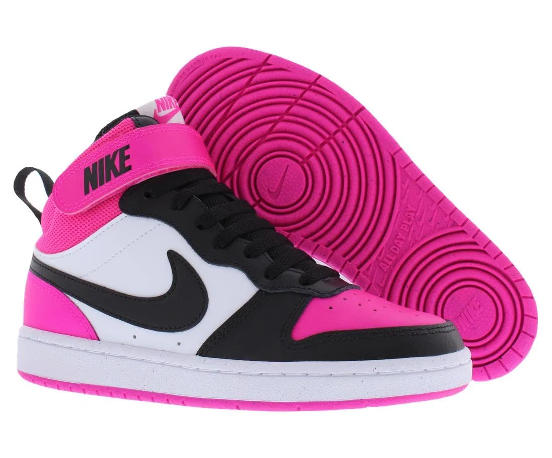 Детские кроссовки для мальчиков кожаные Court Borough Mid 2 Bg NIKE, White/Black-Fierce Pink — фото 4
