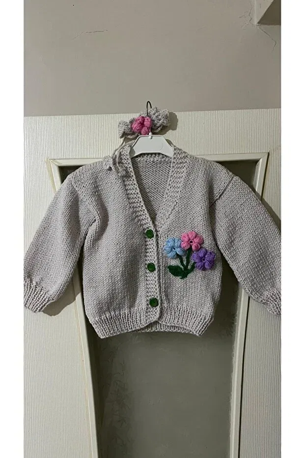 Детский кардиган с V-образным вырезом Hand knitted kids cardigan El Örgüsü Cici Bebe, Pebble — фото 3