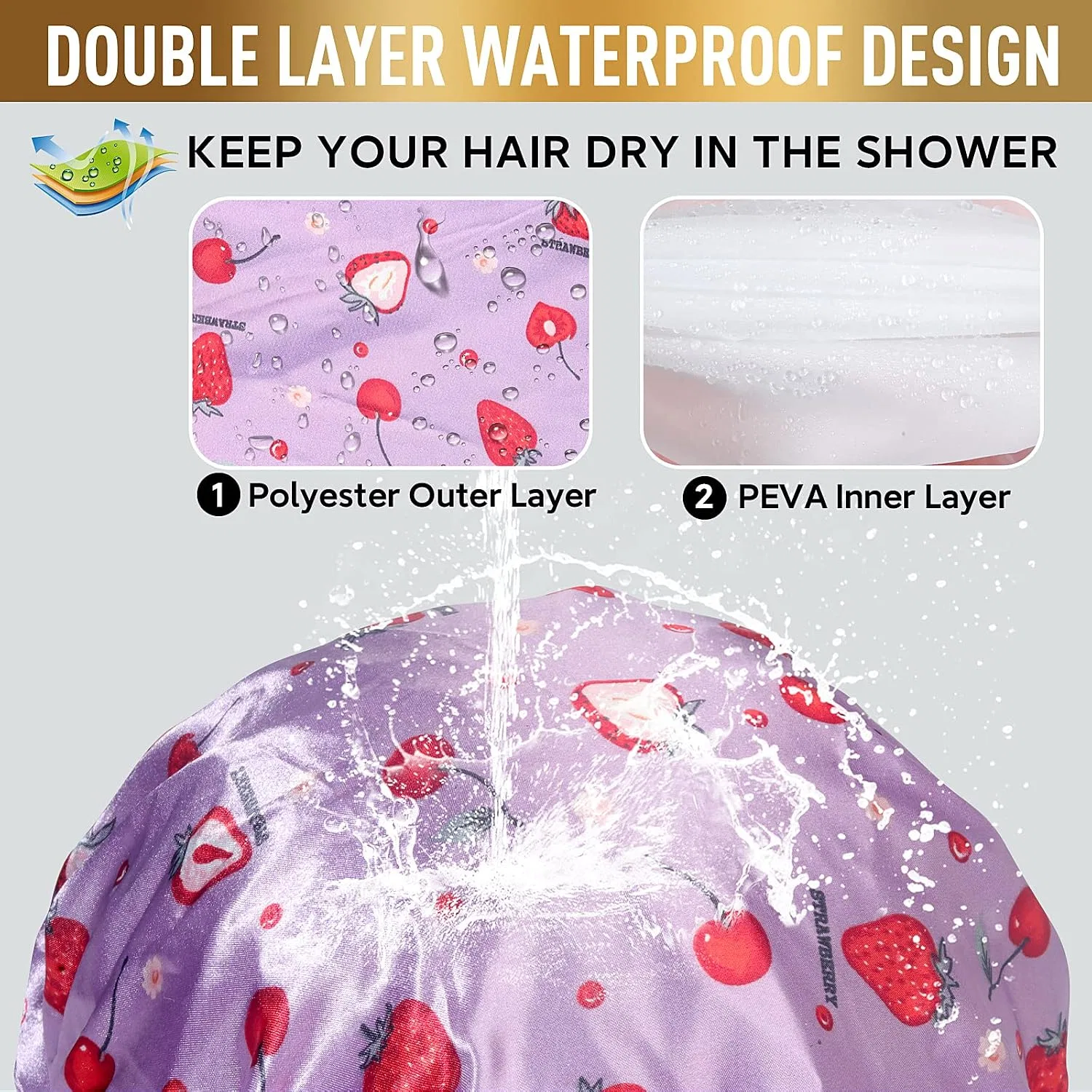 Шапочка для душа Extra Large Upgrade Double Waterproof Layers, Fishent, Purple Strawberry — фото 4