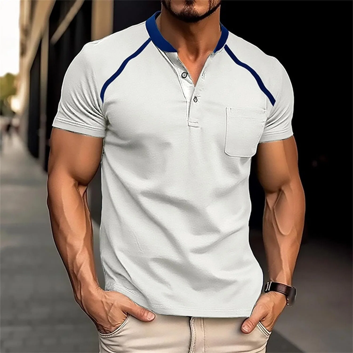 Мужская повседневная хенли футболка с карманом, White — фото 2