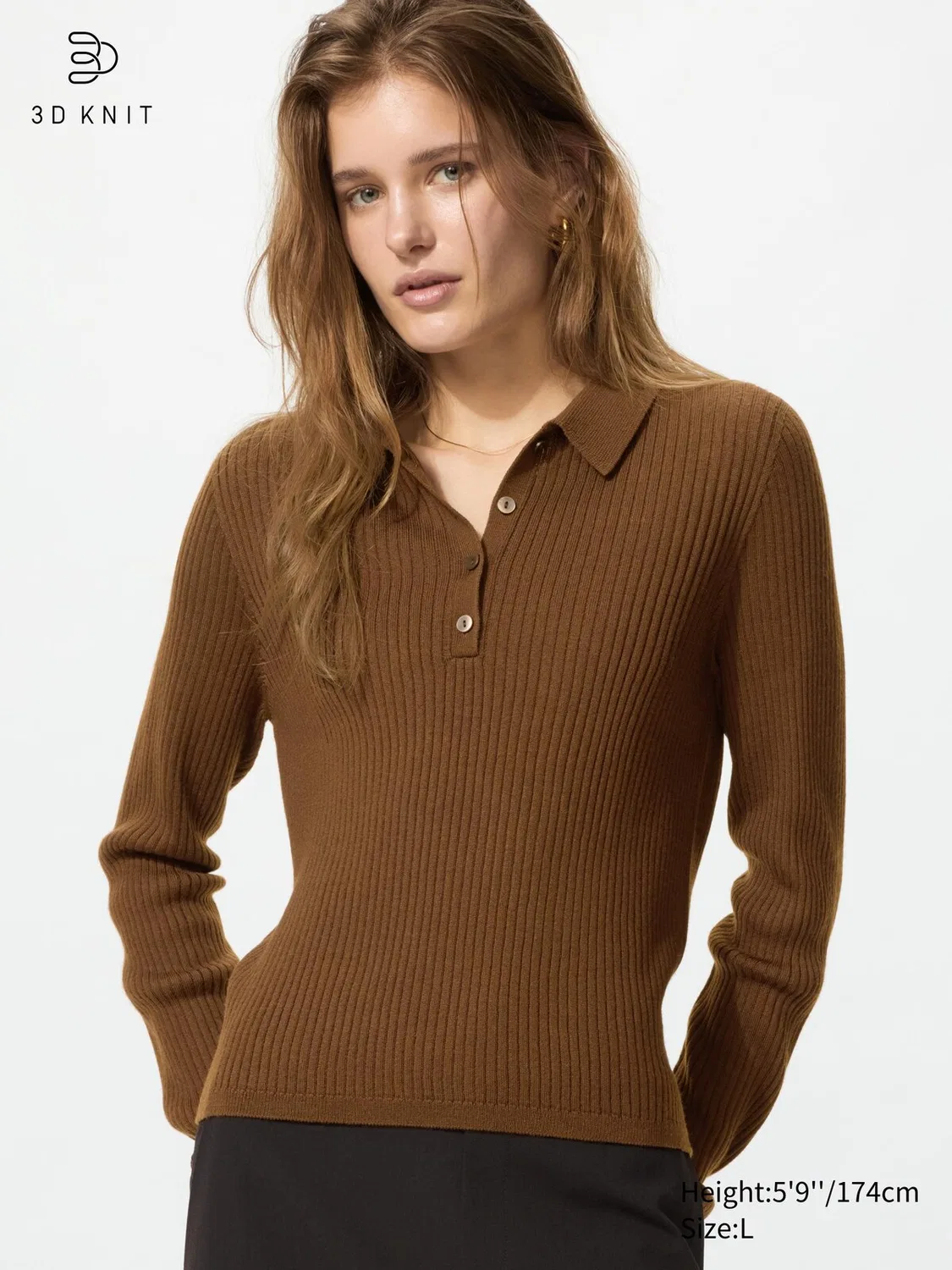 Свитер поло Uniqlo, вязаный, ребристый, из смеси мериносовой шерсти, коричневый