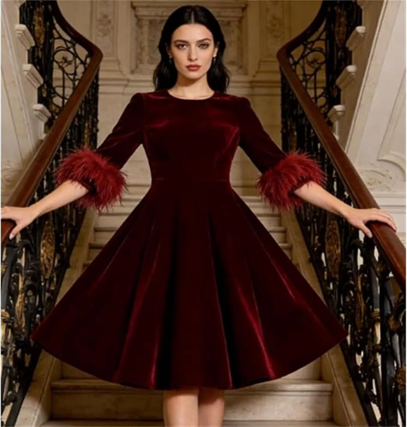 Женское коктейльное платье из велюра с перьями, Wine Red — фото 3