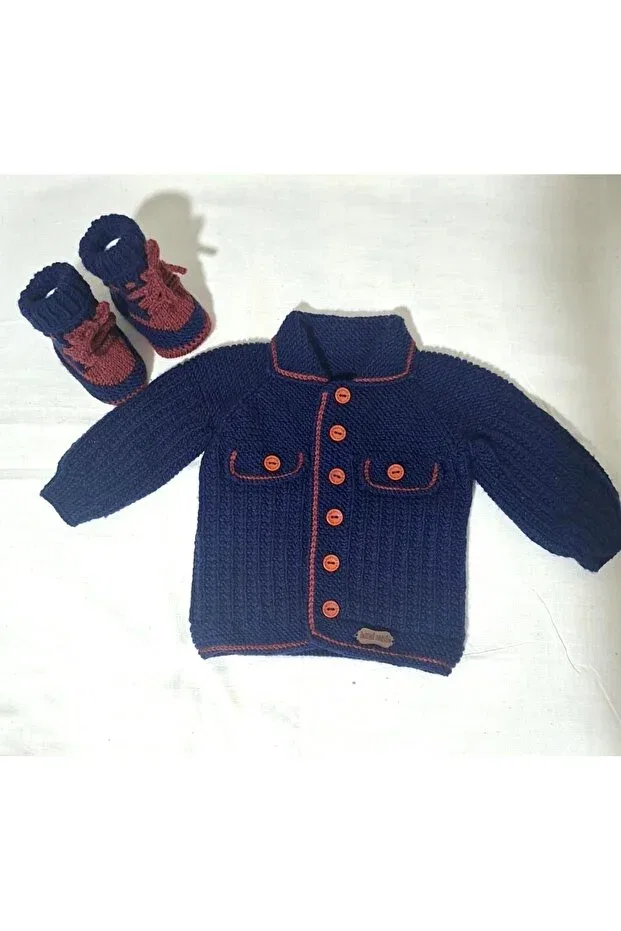 Детский кардиган для мальчиков с текстурой Hand-Knitted baby boy navy blue cardigan and booties set Minohouse, Navy Blue