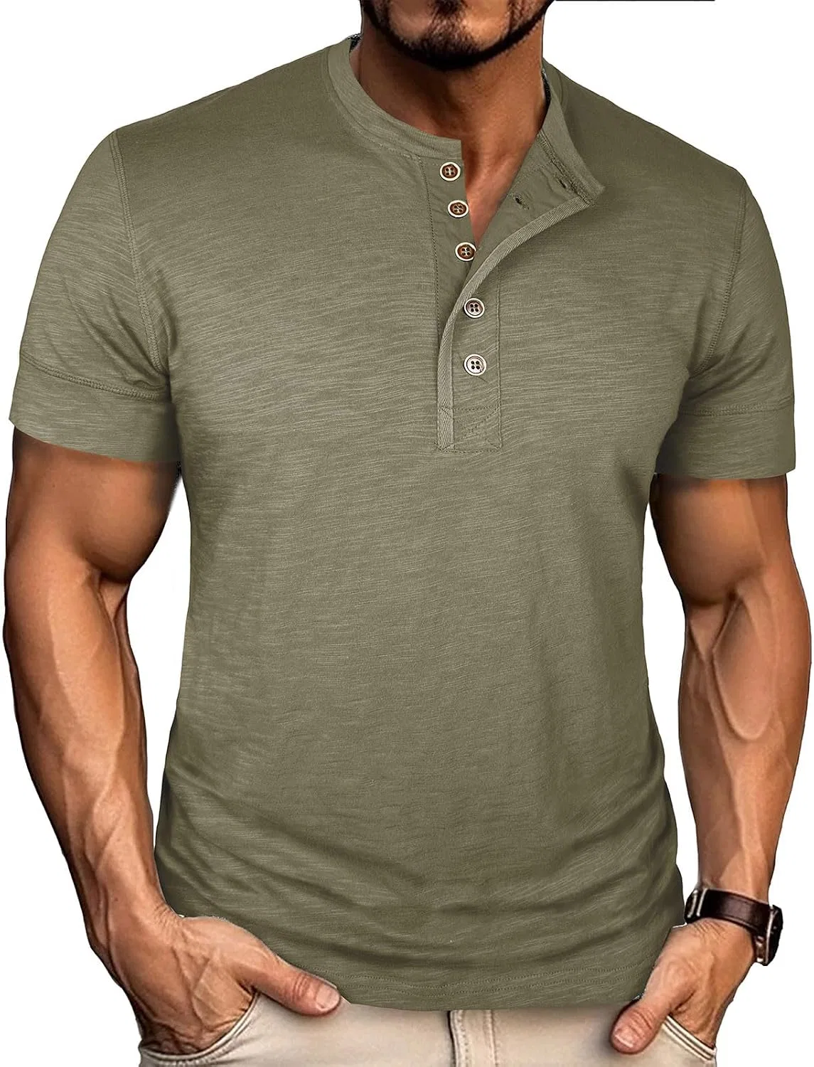 Мужская футболка с воротником-поло и пуговицами Cotton, Army Green — фото 2