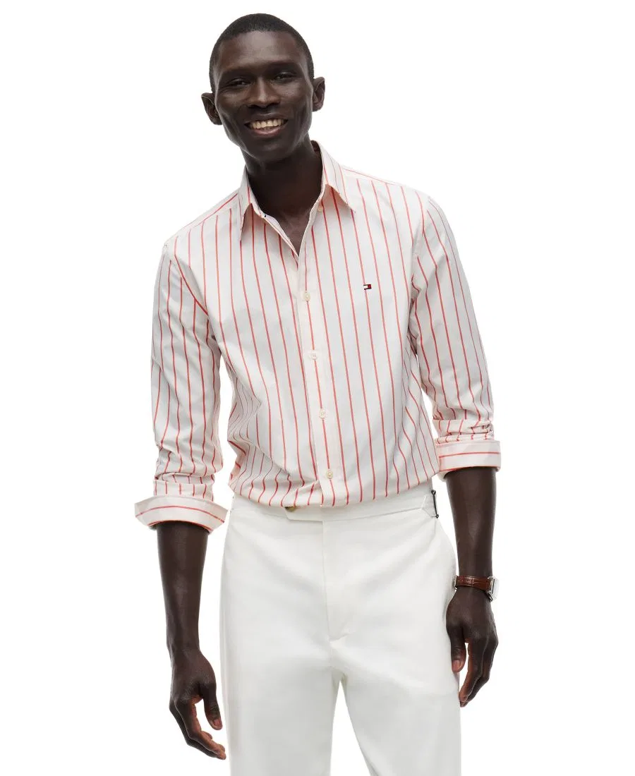 Рубашка из поплина с принтом в полоску Performance Poplin Stripe Shirt Tommy Hilfiger, Brilliant Orange/Stripe
