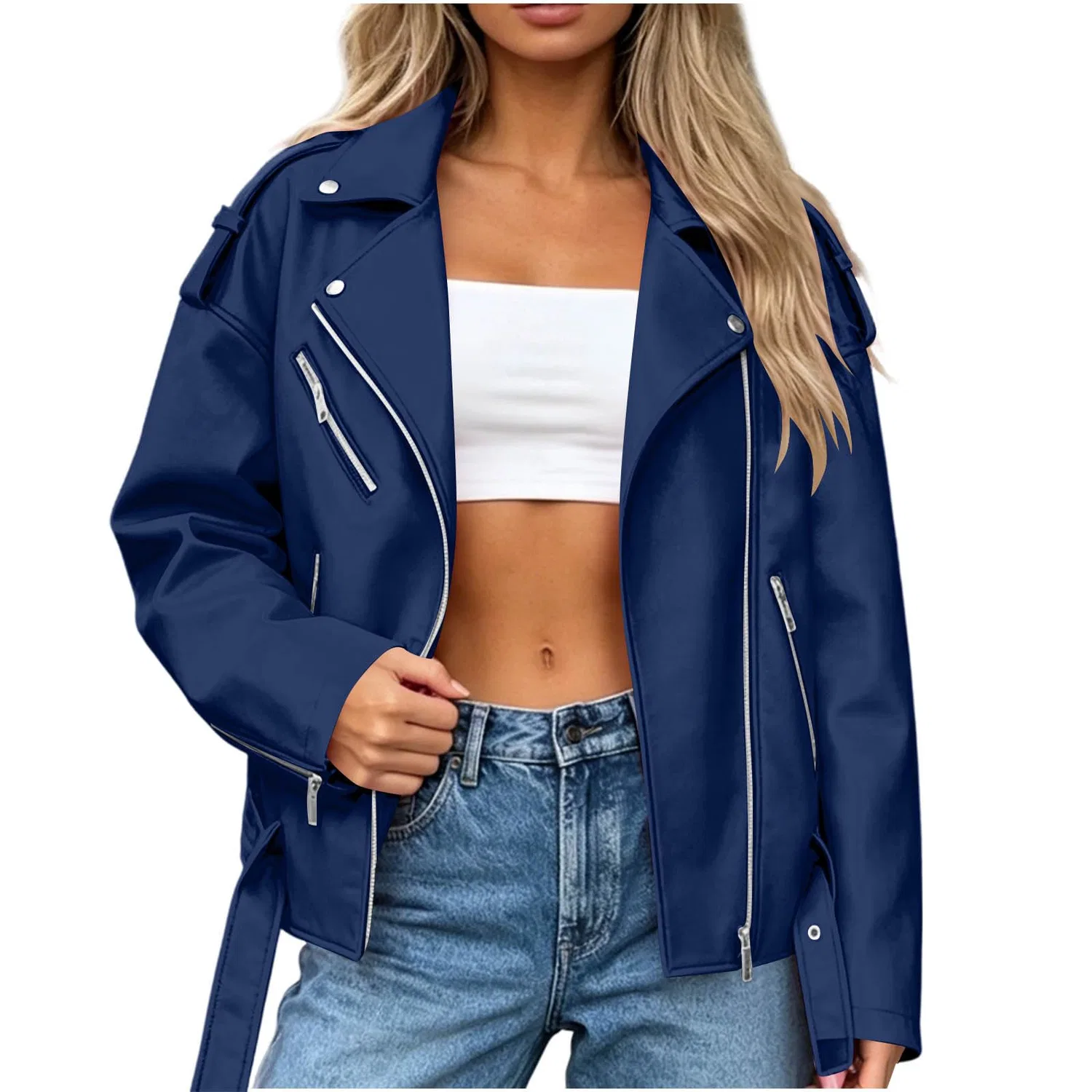 Женская куртка-косуха из экокожи с принтом UK moto Biker, Blu 1