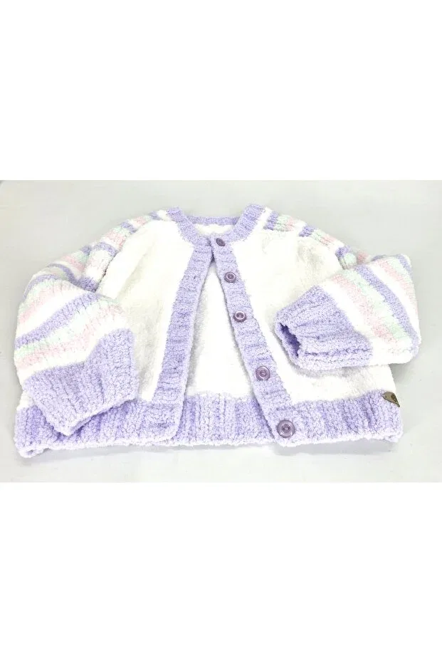Детский кардиган для девочек хлопковый Hand Knitted Soft Plush Evitle, White-Lilac — фото 4