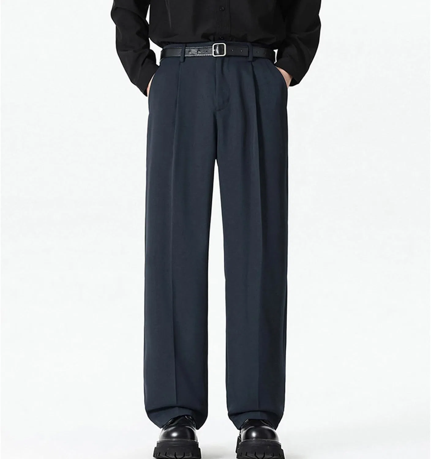 Мужские брюки свободного кроя с защипами, Wide Leg Dress Pants, тёмно-синий — фото 3
