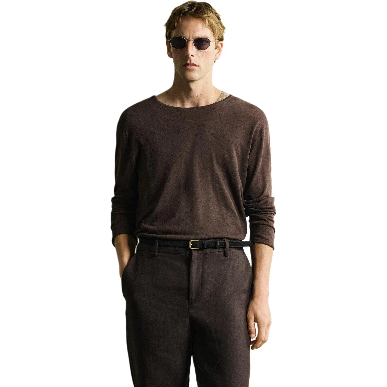 Мужская футболка с круглым вырезом Straight Fit ZARA, Brown — фото 3