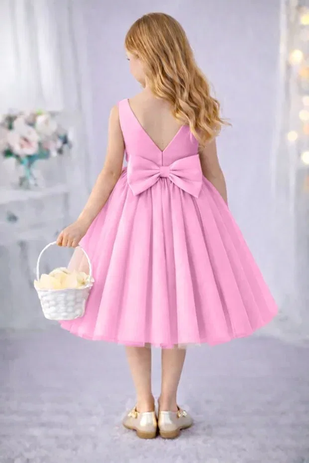 Детское платье для девочек с запахом Sare model girl's candy pink wrap collar mini plain skirt fluffy ball gown & birthday dress Suneh, Candy Pink — фото 2