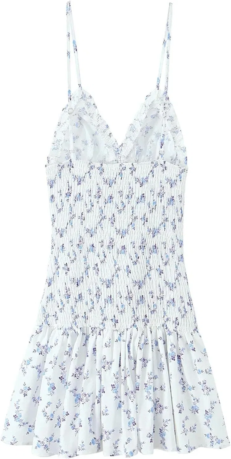 Женское мини-платье с цветочным принтом V-образным вырезом, White — фото 4