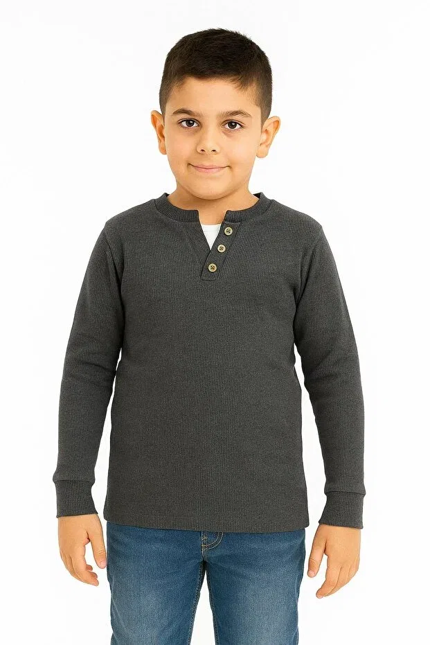 Детская толстовка для мальчиков с принтом Button Detailed Seasonal Long Sleeve Camisole Fabric Sweatshirt Smoked Color Boy's Newkids, Smoke Grey