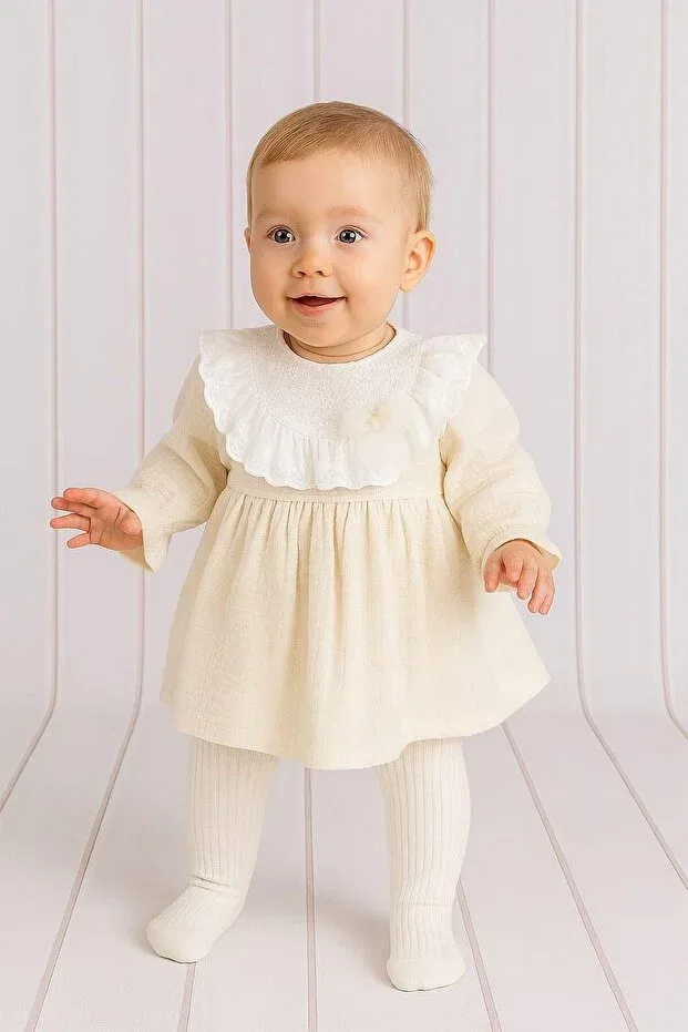 Детское платье для девочек с вышивкой Dinamik Çocuk, Beige