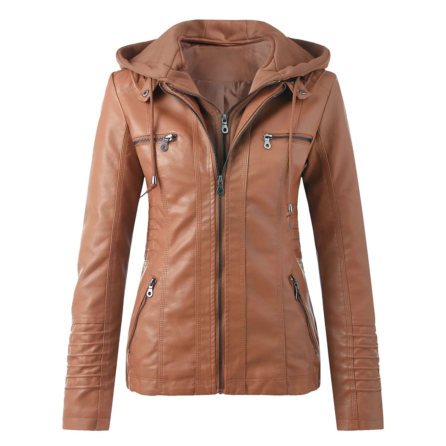 Женская куртка из экокожи с капюшоном оверсайз, marrone