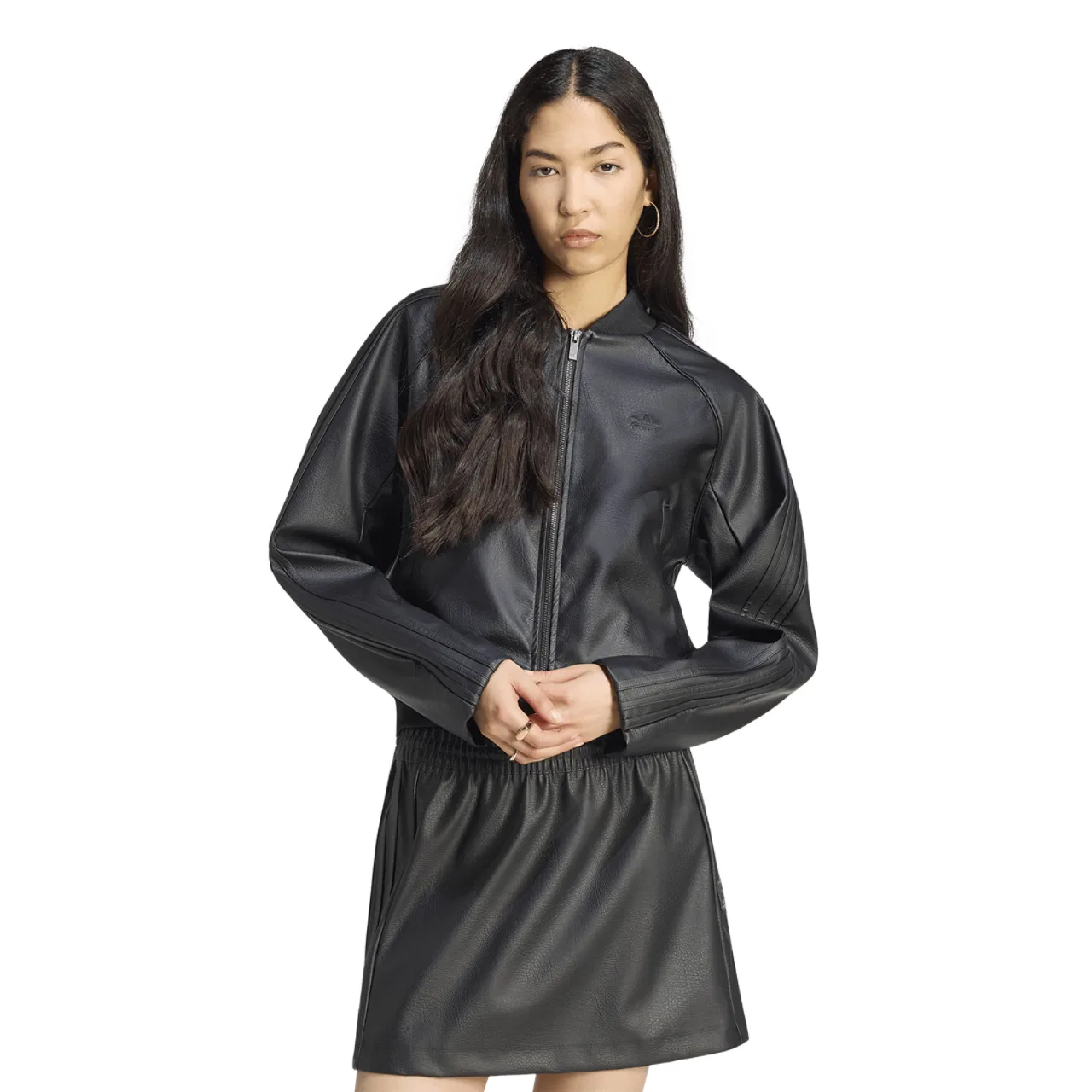 Женская куртка oversize с имитацией кожи, модель Superstar Track Top Pleather, adidas, Black Maroon