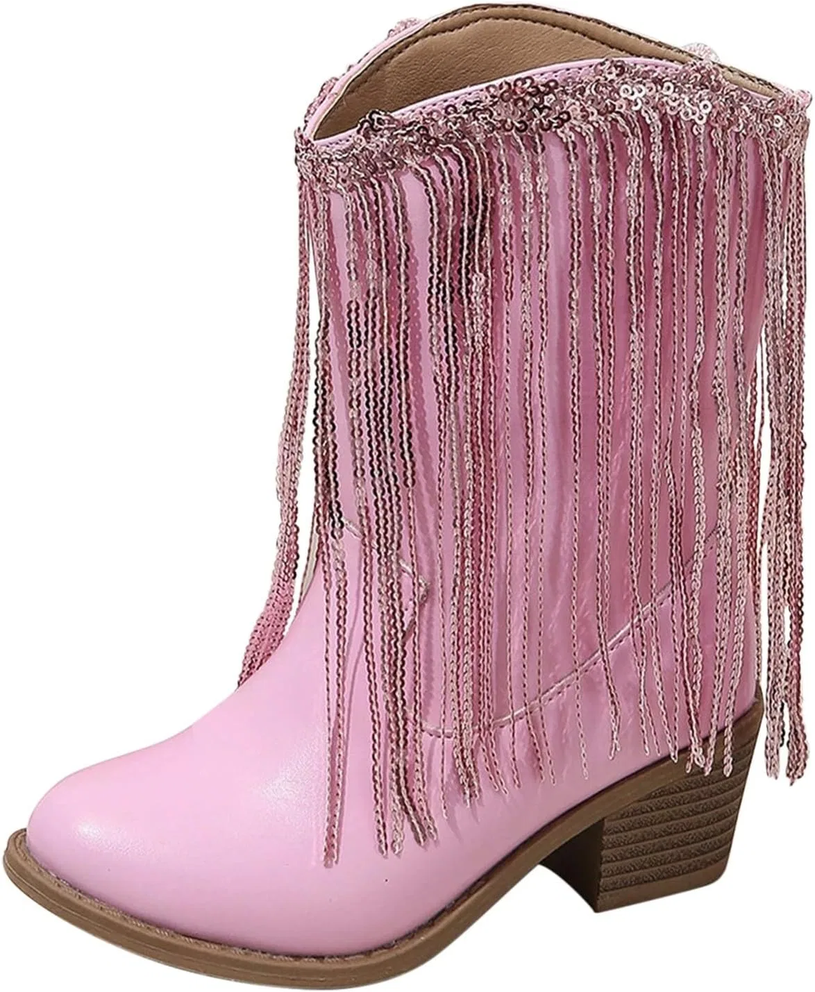 Детские сапоги для девочек с бахромой и стразами Cowboy Boots for Girls Fringe Western Rhinestone Sparkly Chunky Heel Tassle Mid Calf Kids Pointed Toe Riding Boots, Pink — фото 3