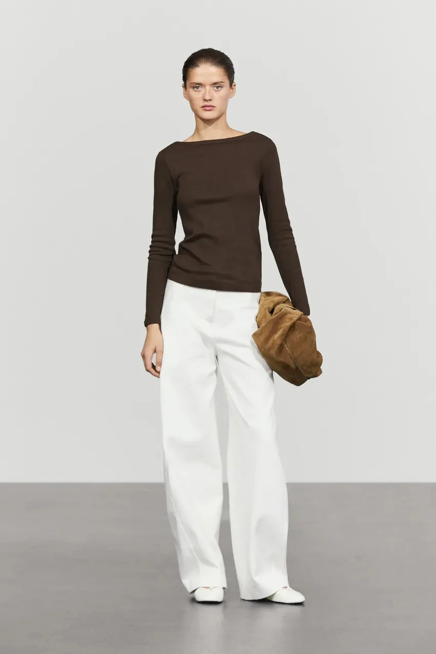 Лонгслив Massimo Dutti 100 % Cotton с вырезом лодочка, коричневый — фото 4