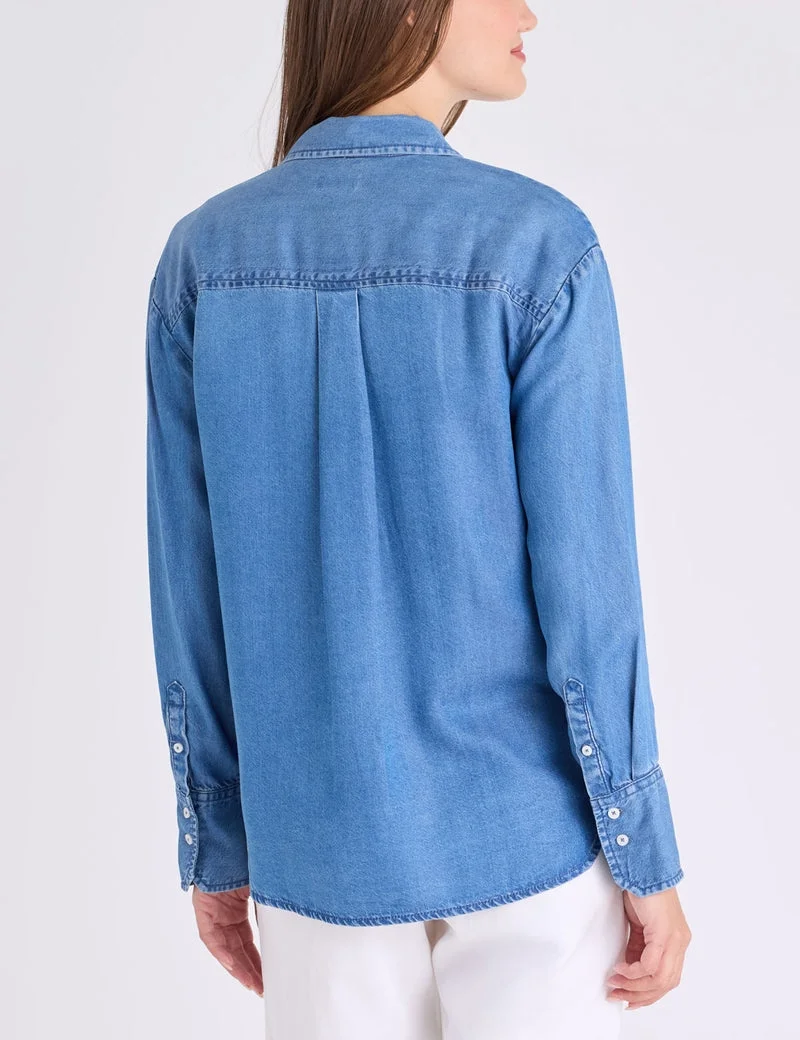 Женская рубашка U.S. Polo Assn. Long Sleeve Oversized Denim With Crest, средне-синий — фото 2