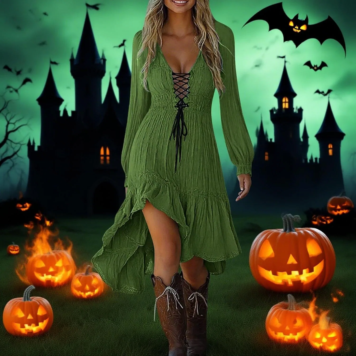 Женское платье с глубоким декольте и шнуровкой Western Cowgirl, Army Green — фото 2