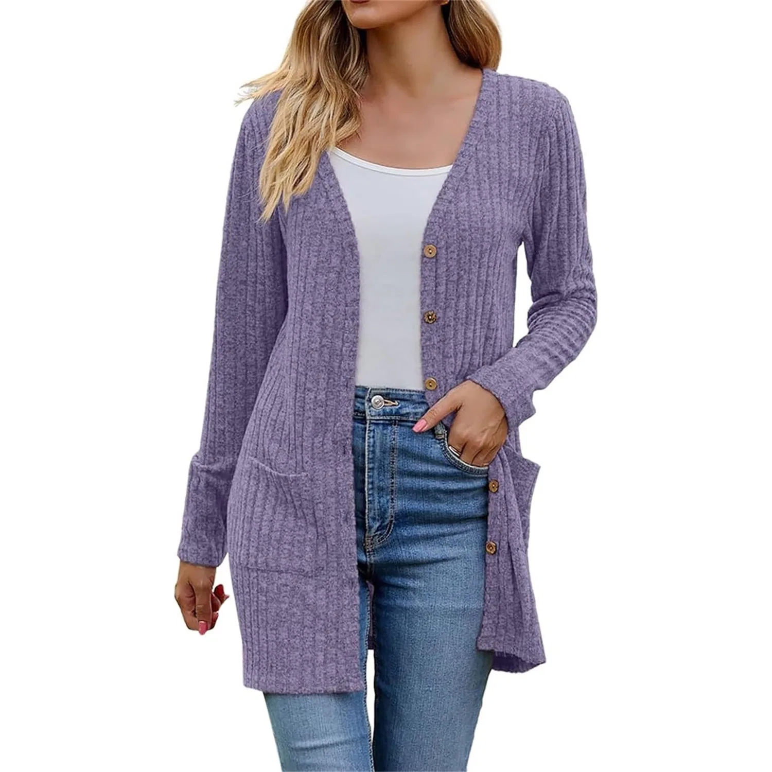 Женский легкий кардиган без застежки с длинным рукавом, Purple