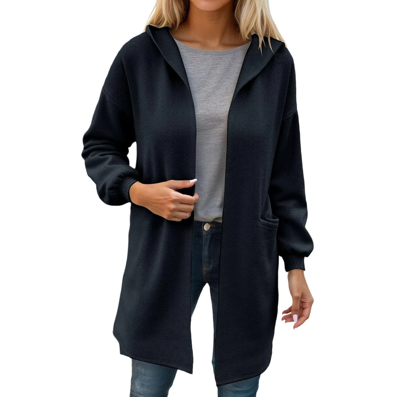 Женское пальто из плотного трикотажа с длинным рукавом, модель Cappotto in maglia spessa da donna, бренд, Nero