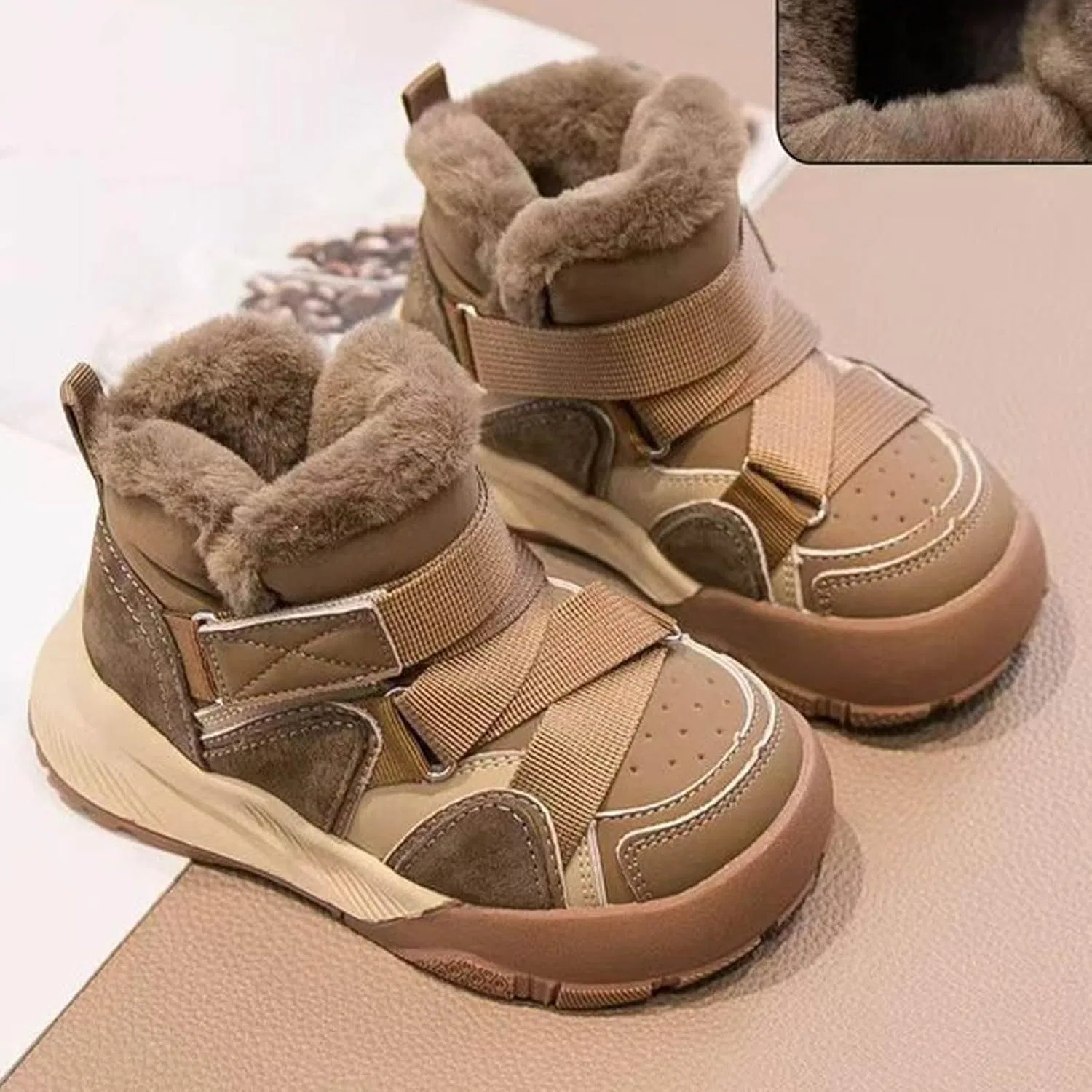 Детские зимние снежные ботинки на меху с ремешком на липучке Zzalalana, Khaki — фото 3