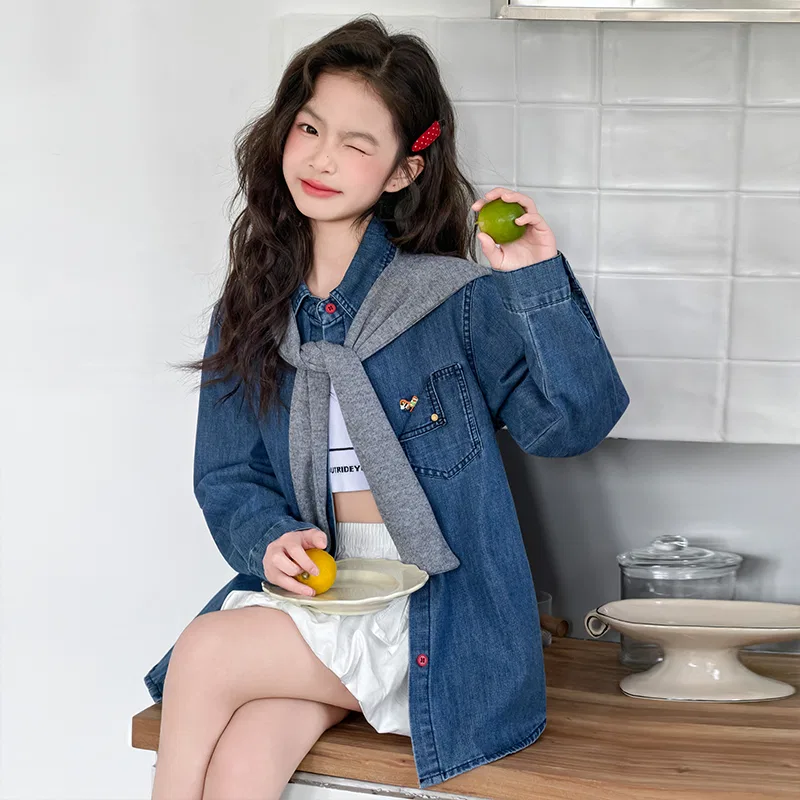 Детская джинсовая рубашка с длинным рукавом Solid Color Spring Fall Kids' PLANDOO — фото 3