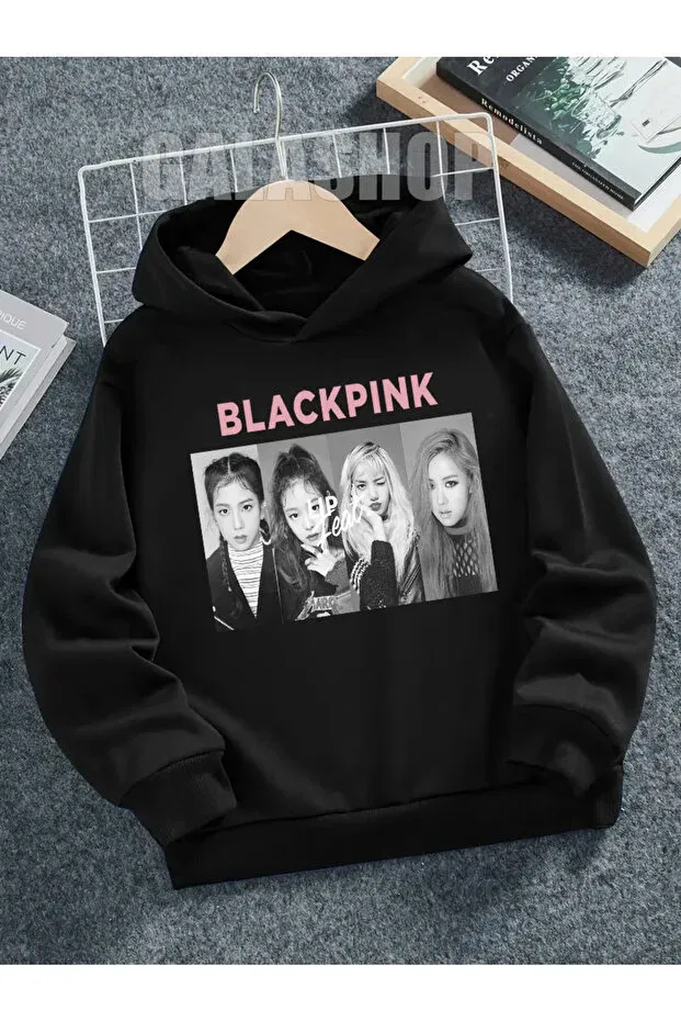 Детское худи для девочек с принтом Blackpink Children's Cotton Hoodie Galashop, Siyah