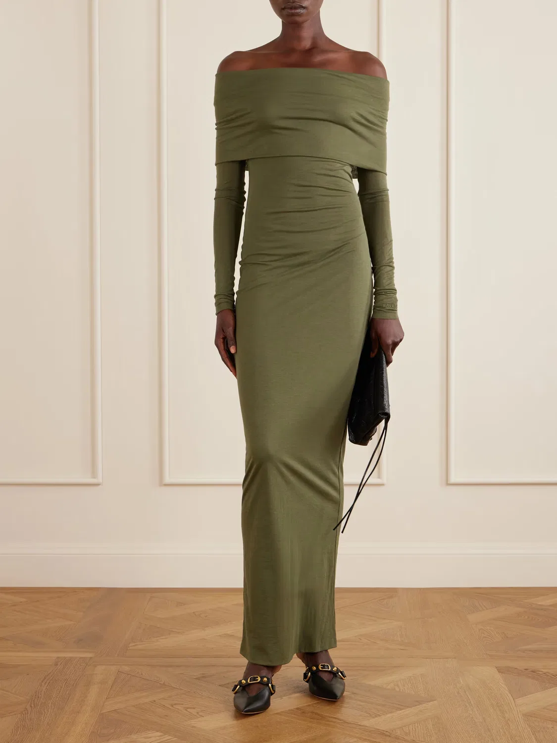 Длинное платье из хлопковой смеси с открытыми плечами Balenciaga, зеленый — фото 2